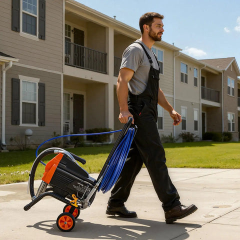 Pro Level Stand Airless Paint Sprayer With Sturdy Rolling Cart 1500W Motor in use, man carrying sprayer with hose on cart.