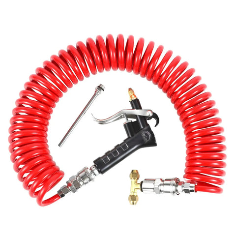 Pro Grade Heavy Duty Truck Air Blower Duster Cleaning Kit with red 9m coil hose, steel blow gun, brass joint, and nozzle tip