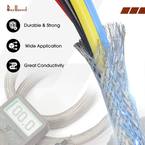 Close-up of tinned copper braided cable shield; flat mesh with yellow/blue insulation, 5/16 in wide, 0.20 in dia, 28 ft