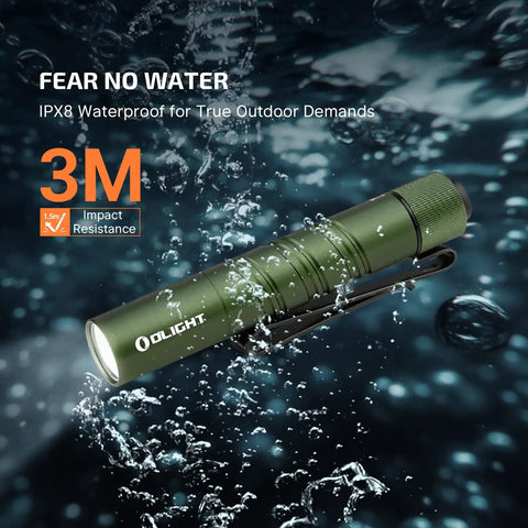 I3T 2 EOS Pocket EDC Flashlight with 200 Lumen Output, waterproof in OD Green, underwater showcasing IPX8 feature