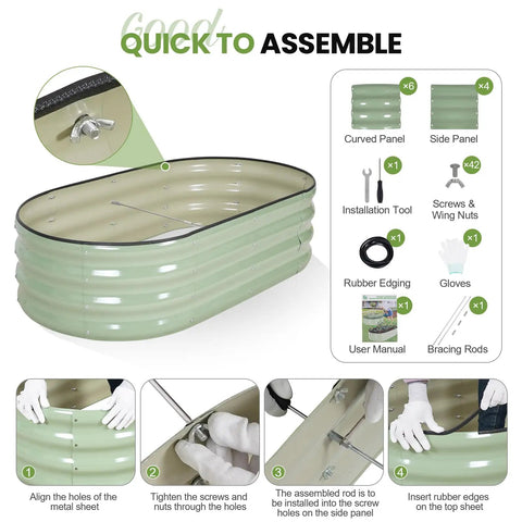 Raised Garden Beds Kit With Galvanized Planter Boxes 4x2x1 Ft Oval Outdoor Bed For Vegetables Fruits Flowers Herbs Includes Protective Tape Gloves And Tools Safe Foldable Edge Reinforced Durable Design assembly instructions with components and setup steps.