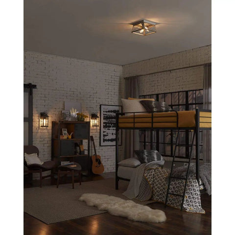 Super Versatile Two Light Flush Mount Ceiling Light Fixture Ideal For Kitchen Lights Hallway Bedroom Living Room Stairwells Entryways Creates Warm Inviting Atmosphere With Unique Design Galvanized Finish Twelve Inch By Six Inch installed in a cozy bedroom with bunk bed and decor