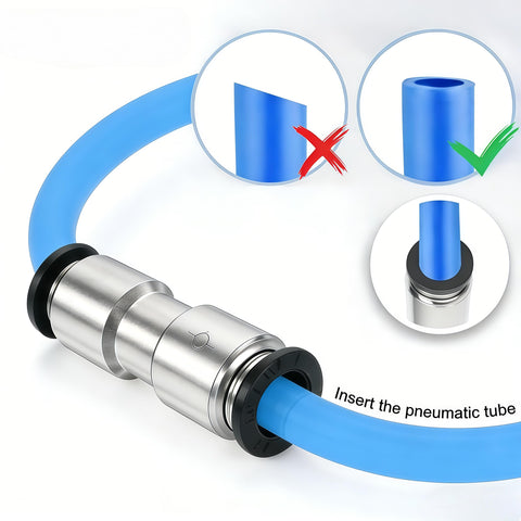Pneumatic Push To Connect Check Valve One Way Fitting One Half Inch Inlet One Half Inch Outlet Nickel Plated Brass With NBR O Ring Seals for Air and Vacuum Pack Of Two showing tube insertion process