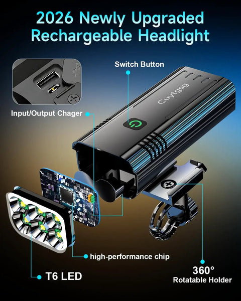 Beefed Up 9800 Lumen Bike Light For Night Riding With 6 LED Headlight Aluminum Rechargeable Front And Rear Bicycle Light 360 Degree Rotatable Bracket Waterproof 72 Hour Runtime 10 Modes Road Ready