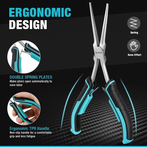 Long Reach 7 Inch Needle Nose Pliers Set, Two Piece Bent Nose And Straight Nose Pliers, Drop Forged Carbon Steel, Heat Treated, Nickel Plated, Anti Rust Oil Protected, Built Tough For Precision Work, ergonomic handle