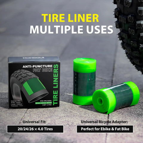 Fat Tire Liners 2 Pack TPU Tube Protection For Fat Bikes And E Bikes next to packaging on pavement, fits 20x4.0, 24x4.0, 26x4.0 tires.