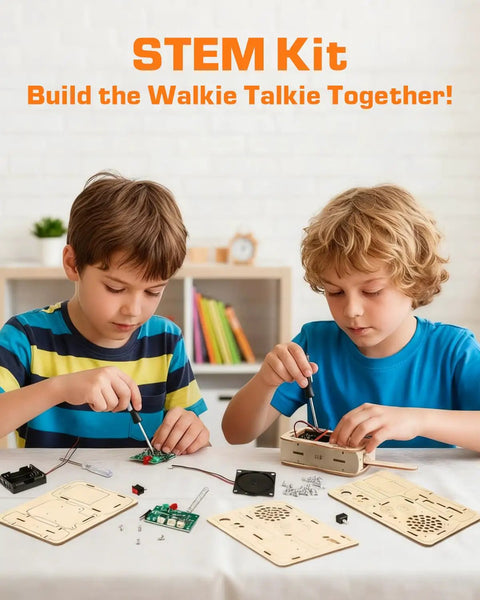 DIY Walkie Talkie Kit For Kids Age 8-14, Electronics Project Toy That Builds Problem Solving, Engineering Skills, And Creative Confidence, Super Fun Educational Building Kit Gift For Boys And Girls Ages 8 10 12 14, two kids assembling