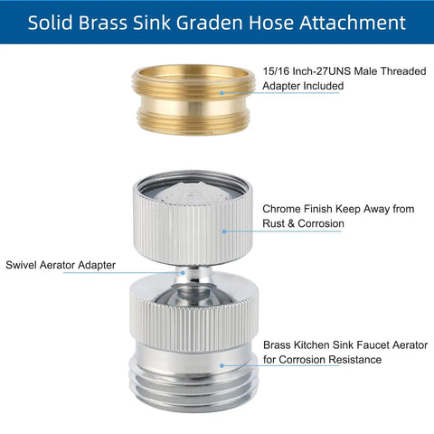 Garden Hose Adapter Kit With Faucet Aerator Key For Bathroom And Kitchen All In One Multi Thread Sink Swivel Faucet Aerator Adapter To Connect Garden Hose chrome brass, 15/16-27UNS