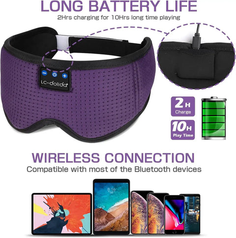 Bluetooth Sleep Mask With Built In Sleep Headphones For Travel Napping And Night Shifts with charging and compatibility information.
