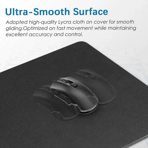 Ultra Smooth Premium Textured Mouse Pad 8.0 By 7.5 Inch With Non Slip Rubber Base Fully Washable Fade Resistant For Office And Home Keeps Cursor Precise And Desk Looking Sharp, showing a smooth Lycra surface with a mouse.