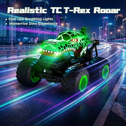 Dino Monster Truck RC With LED Lights And Roaring Sound, 1 To 20 Scale All Terrain Off Road Toy Vehicle, glowing in the dark