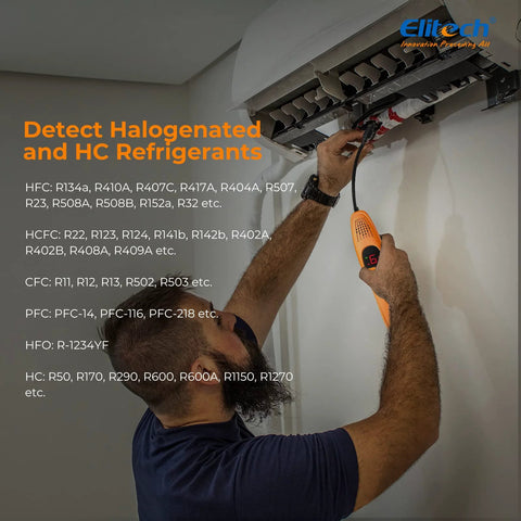 Elitech refrigerant leak detector device used by technician to detect halogenated refrigerants under an AC system