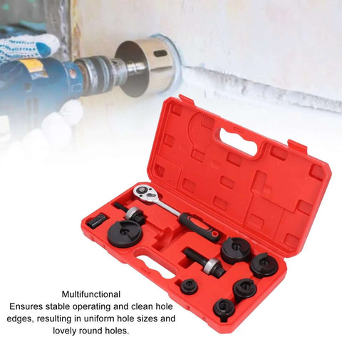 Heavy Duty Ratchet Knockout Hole Punch Driver Kit For Sheet Metal And Electrical Installations, open red case with tools