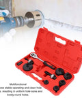 Ratchet Knockout Hole Punch Driver Kit One Half To Two Inch Conduit Cutter With Six Dies For Metal Sheets And Electrical Boxes Clean Edges Precise Holes Smooth Operation Pro DIY Tool, red case with ratchet handle and dies