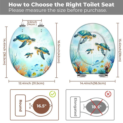 Toilet Seat Round Resin for Bathroom with turtle design, 14.4 inches height and 12.4 inches width, ideal for measuring fit.