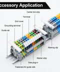 30 Piece DIN Rail Terminal Block End Stopper Brackets for 35mm Wide Guide Rails in use with colorful wiring connectors.