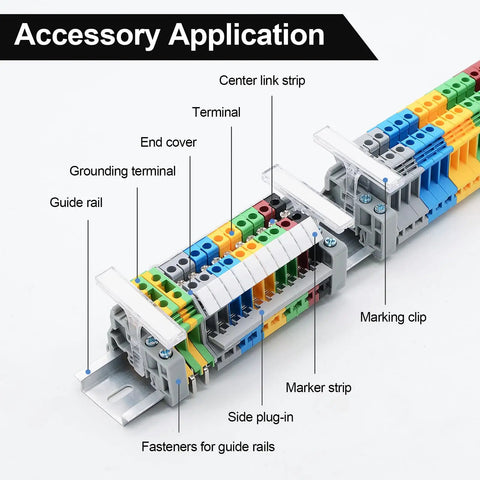 30 Piece DIN Rail Terminal Block End Stopper Brackets for 35mm Wide Guide Rails in use with colorful wiring connectors.