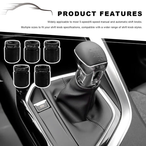 Five Piece Aluminum Gear Shift Knob Adapter Kit For Easy Install Fits M8 M10 M12 Threads By 1.25 And M10 M14 By 1.5 For Car Manual Transmission Dope Shifter Knob Adapter displayed with adapters and installed in car