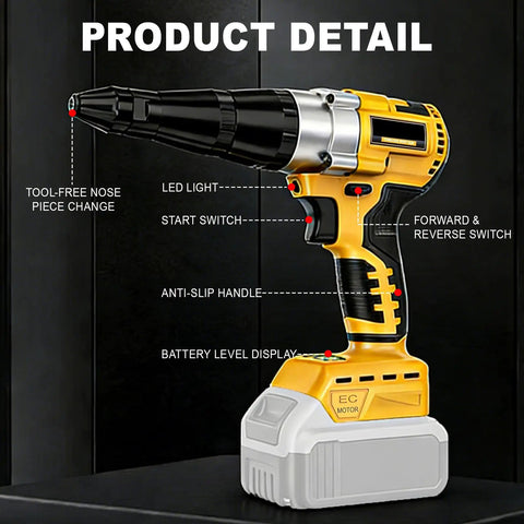 Cordless Pop Rivet Gun Kit For DeWalt 20V Max Brushless Automatic Riveting Tool with diagram labels