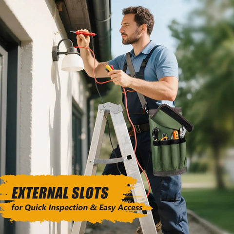 Mechanic on ladder using Heavy Duty Roll Up Tool Bag Portable Soft Tool Storage Foldable Organizer With Small Pockets