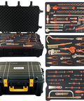 85 Piece Non Sparking Tool Set Featuring Tweezers Adjustable Wrench Hammer Putty Knife Pliers Screwdrivers Chisel Scissors Hacksaw Frame And Blade Beryllium Copper Non Magnetic Corrosion Resistant DIN Standard BAM Certified For Safe Use in open and closed cases.