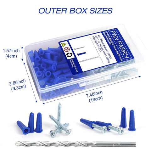 All In One Concrete Anchors And Screws Kit With 201 Pcs Drywall Anchors And 100 Pcs Self Tapping Screws Plus Drill Bit shown in box