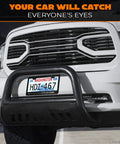 Front view of vehicle with Aluminum License Plate Frame With Matte Black Finish Dope Cartoon Inspired Design installed.