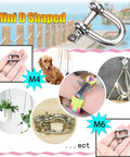 Mini D-shaped stainless steel shackles for M4 and M6 applications, suitable for pet collars, gardening, and hammocks use.