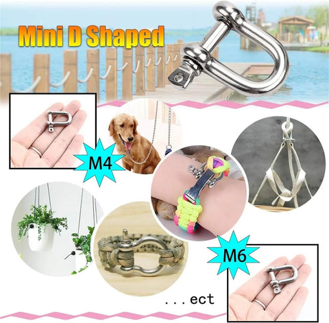 Mini D-shaped stainless steel shackles for M4 and M6 applications, suitable for pet collars, gardening, and hammocks use.