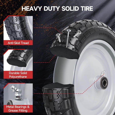 Solid Tire And Wheel Kit For Wheelbarrows And Garden Carts With 14.5 Diameter Flat Free Tire, 4.80 4.00 8 Size, Five Eighth And Three Quarter Inch Bearings, Universal Replacement - shown with anti-skid tread and metal bearings.