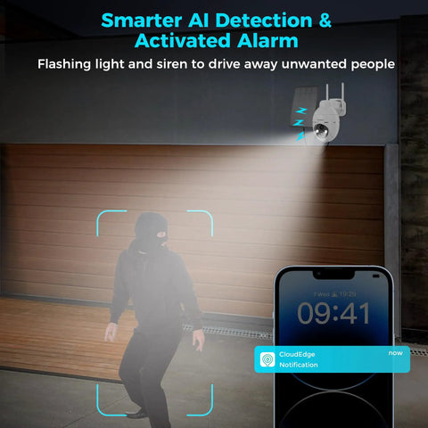 Solar Powered Outdoor Security Camera 2K with 360 Degree Pan Tilt activating siren on intruder detection