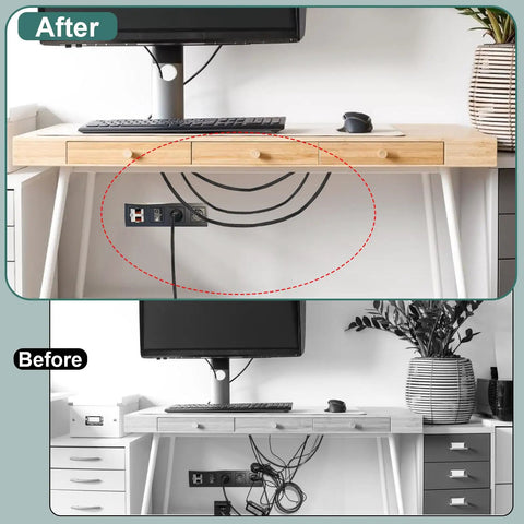 Before and after desk setup with 300 Ft Braided Wire Loom Kit In Quarter Inch, Half Inch, And Three Eighths Inch Diameters PET Cable