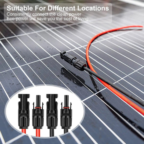 Heavy Duty 3 Foot 10AWG Solar Extension Cable with Male and Female Connectors on a Solar Panel Surface