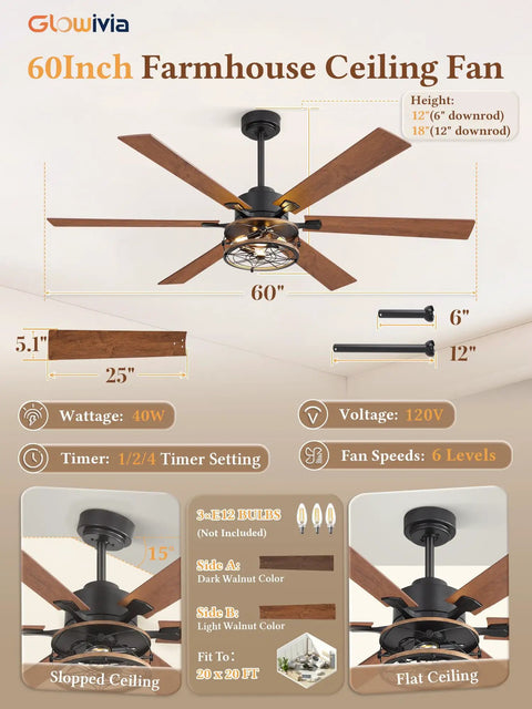 Infographic of 60 Inch Farmhouse Industrial Ceiling Fan With Lights And Remote, Black Cage Design, showing size and features.