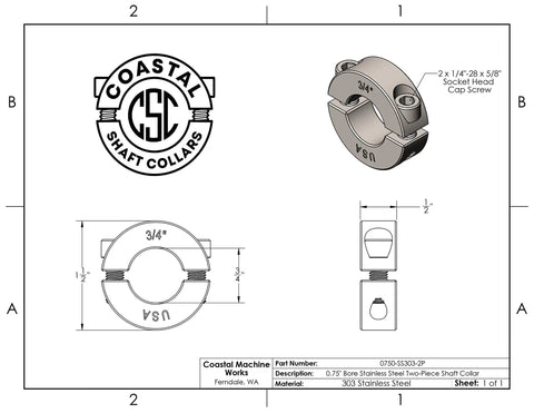 Real Deal Two Piece Shaft Collar With.75 Inch Bore. 303 Stainless Steel Provides Tight Lock Clamping Grip For Industrial Machinery And CNC Routers. Built Solid For Everyday Grind. Includes Hardware. No Fuss Setup.