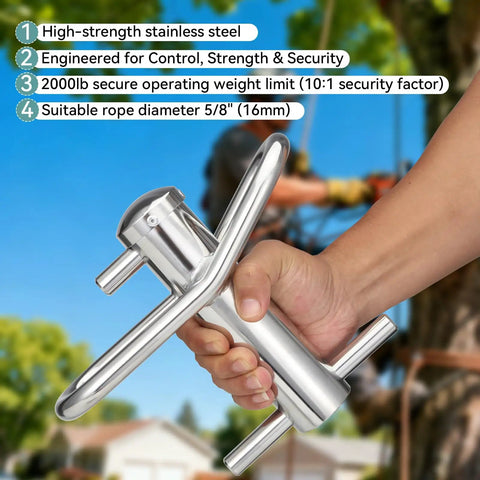 Hand holding Port A Wrap Stainless Medium Port Wrap For Tree Rigging Pro Gear Up To Five Eighths Inch Rope 7000 Lbs MBS