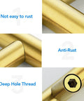Close-up of brushed brass finish on stainless steel cabinet handles with deep hole thread, showcasing anti-rust features, 3-inch spacing.