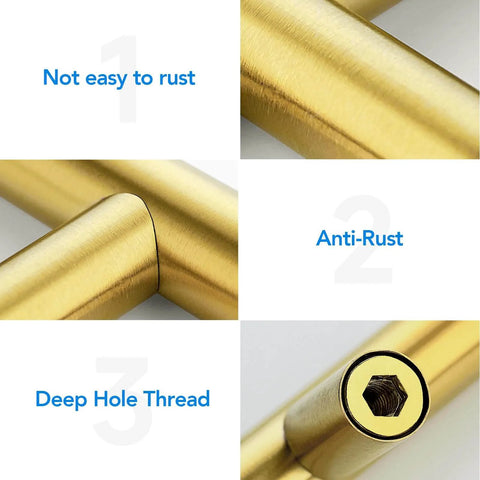 Close-up of brushed brass cabinet handles with anti-rust stainless steel, features deep hole thread, 3-3/4 inch spacing, by Home Edit.