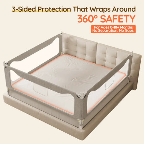 Queen Size Three Sided Toddler Bed Rail Guard With Dual Button Safety Lock for babies and kids, grey, on a queen bed