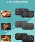 All-In-One Waffle Maker And Panini Press With Removable Plates diagram showing waffle, grilled, and sandwiches plates in black