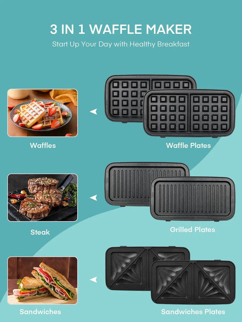 All-In-One Waffle Maker And Panini Press With Removable Plates diagram showing waffle, grilled, and sandwiches plates in black