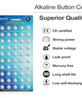 Heavy Duty Fifty Pack LR44 Alkaline Button Cell Batteries Delivers Straight Fire Power Built Tough For Long Hauls in child-resistant packaging.