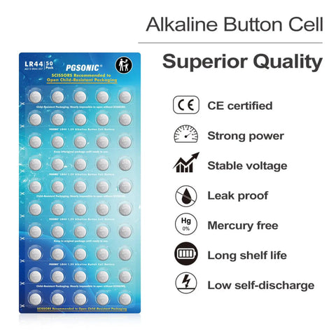 Heavy Duty Fifty Pack LR44 Alkaline Button Cell Batteries Delivers Straight Fire Power Built Tough For Long Hauls in child-resistant packaging.