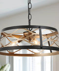 Dope Black And Gold 3 Light Drum Pendant Chandelier With Hollow Metal Shade in modern interior setting
