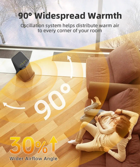 Powerful 1500W Space Heater For Indoor Use showing 90° oscillation warming a cozy living room with a couple on a couch