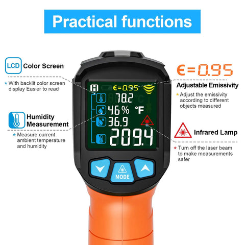 Dope Non Contact Infrared Thermometer Gun With Color LCD showing emissivity, humidity readout, and temperature display