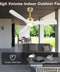 52 Inch Smart Ceiling Fan With Lights Remote Control Quiet DC Motor 3 Blades White Gold Modern Design For Bedroom And Living Room ETL Listed Safe For Your Home in a patio