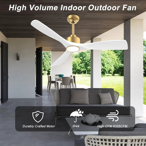 52 Inch Smart Ceiling Fan With Lights Remote Control Quiet DC Motor 3 Blades White Gold Modern Design For Bedroom And Living Room ETL Listed Safe For Your Home in a patio