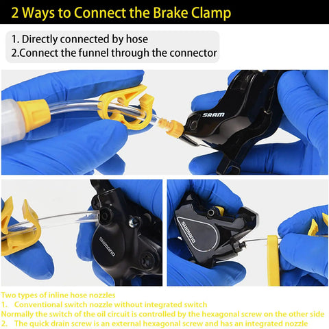 Pro Grade Bicycle Hydraulic Brake Bleed Kit With 10 Adapters connecting to SRAM disc brake with inline hose nozzles