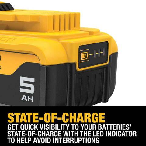 Close-up of the 20V Max XR 5Ah Lithium Ion Battery Two Pack with LED charge indicator visible.